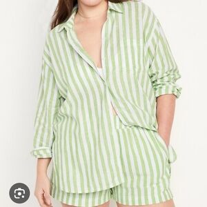 Green Stripe Linen-Blend Striped Boyfriend Shirt And Shirt Set Women's XL